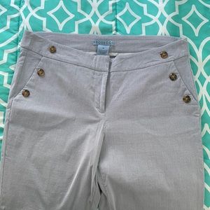 Light Blue & White Pinstripe Trousers with Button accent on front